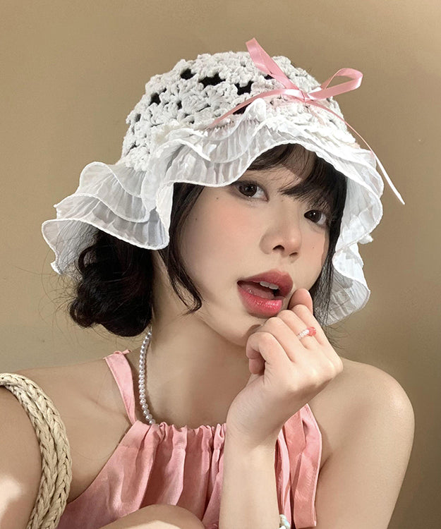 Japanese Style Knitted Hollow Out Bow Ruffled Bucket Hat