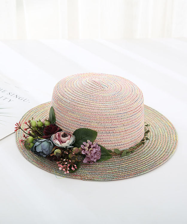 Japanese Vacation Style Flower Flat Top Straw Woven Hat