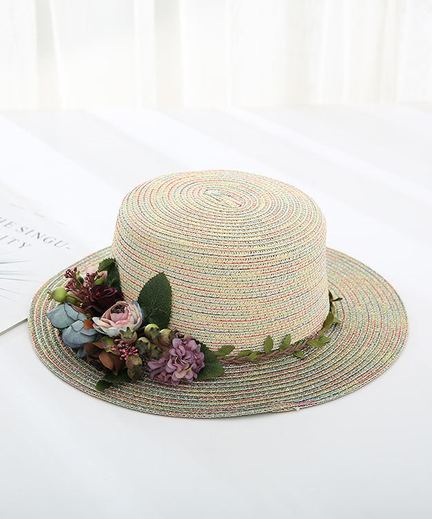 Japanese Vacation Style Flower Flat Top Straw Woven Hat