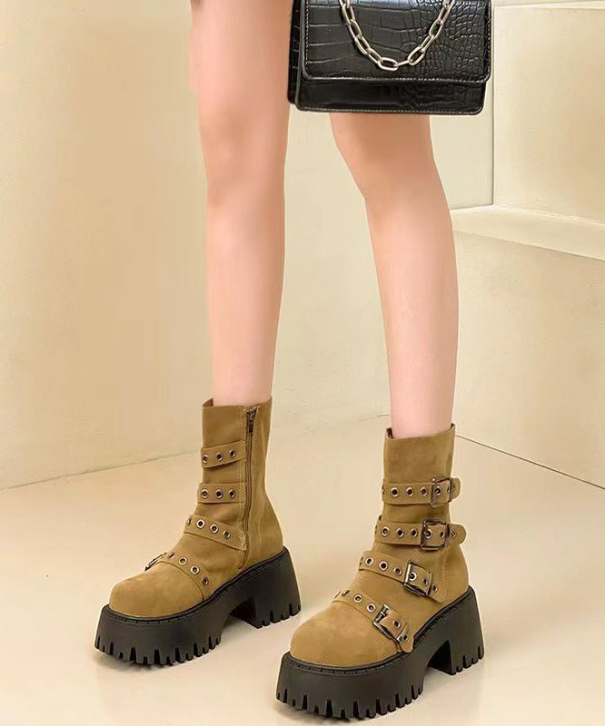 Khaki Boots Faux Leather Italian Splicing Buckle Strap