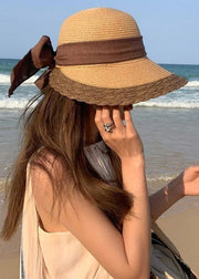 Khaki Bow Patchwork Straw Woven Solid Bucket Hat