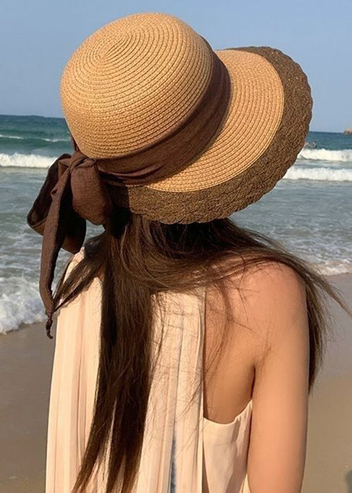 Khaki Bow Patchwork Straw Woven Solid Bucket Hat