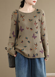 Khaki Butterfly Print Cotton Knit Sweater O Neck Spring