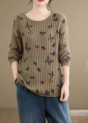 Khaki Butterfly Print Cotton Knit Sweater O Neck Spring