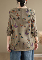 Khaki Butterfly Print Cotton Knit Sweater O Neck Spring