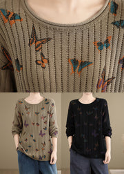 Khaki Butterfly Print Cotton Knit Sweater O Neck Spring