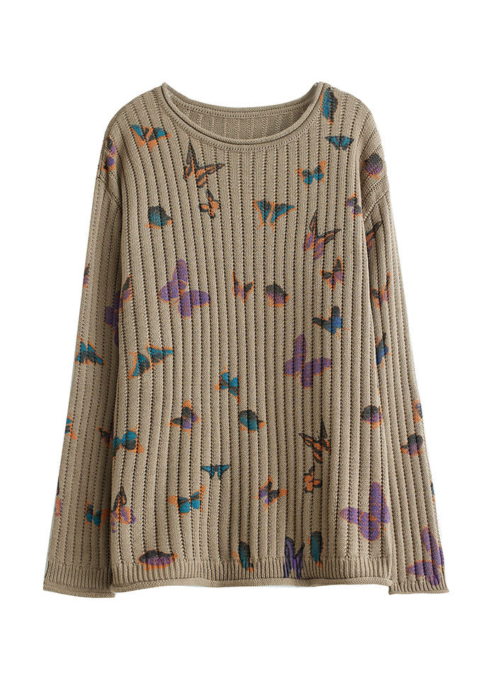 Khaki Butterfly Print Cotton Knit Sweater O Neck Spring