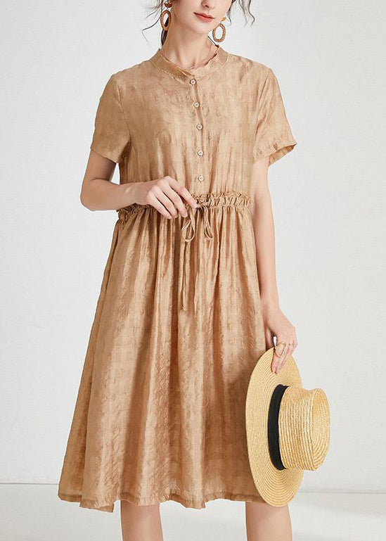 Khaki Button Lace Up Silk Dresses O Neck Short Sleeve