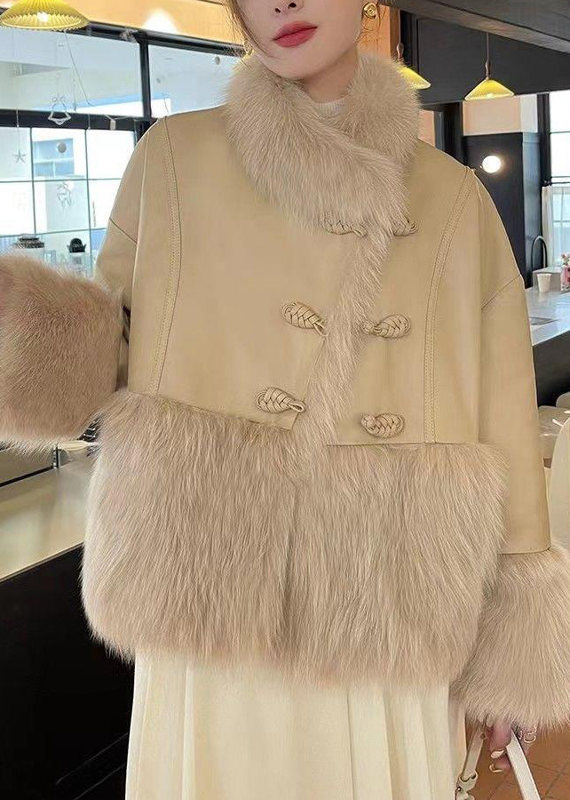 Khaki Button Patchwork Duck Down Down Coats Fur Collar Winter