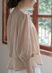 Khaki Button Patchwork Linen Top O Neck Back Side Open Summer