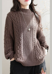 Khaki Cable Knit Sweater Tops High Neck Oversized Winter