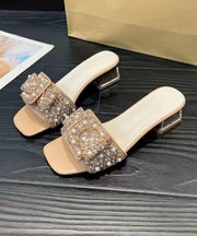 Khaki Chunky Heel Slide Sandals Boutique Zircon Nail Bead