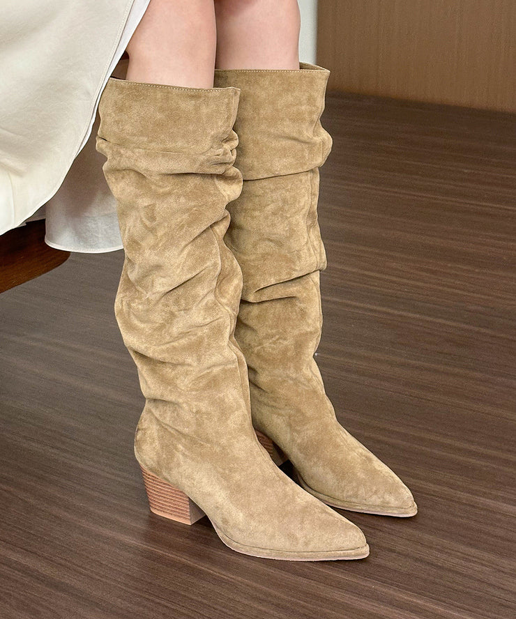 Khaki Chunky Suede Chic Splicing Boots Pointed Toe