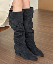 Khaki Chunky Suede Chic Splicing Boots Pointed Toe