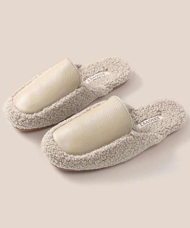 Khaki Comfy Slippers Shoes Splicing Fuzzy Wool Lined