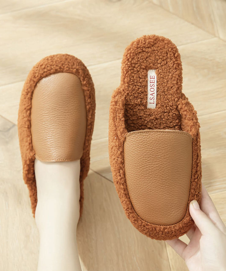 Khaki Comfy Slippers Shoes Splicing Fuzzy Wool Lined