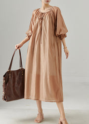 Khaki Cotton Holiday Dress Oversized Lace Up Fall