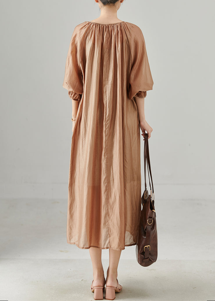 Khaki Cotton Holiday Dress Oversized Lace Up Fall