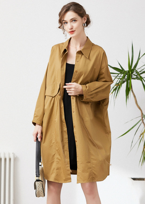 Khaki Cotton Loose Trench Peter Pan Collar Drawstring Spring