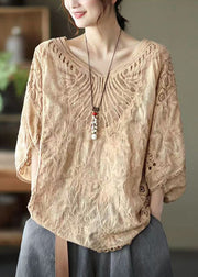 Khaki Cotton T Shirt Tops V Neck Embroideried Batwing Sleeve