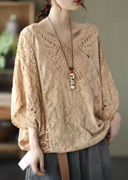 Khaki Cotton T Shirt Tops V Neck Embroideried Batwing Sleeve