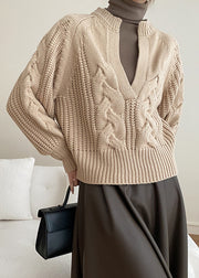 Khaki Cozy Solid Knit Sweaters V Neck Fall