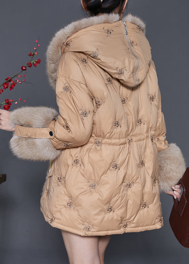 Khaki Duck Down Down Coats Fur Collar Embroideried Winter