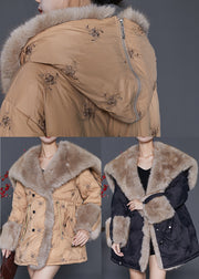 Khaki Duck Down Down Coats Fur Collar Embroideried Winter