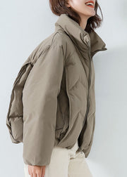 Khaki Duck Down Puffer Jacket Stand Collar Zip Up Drawstring Long Sleeve