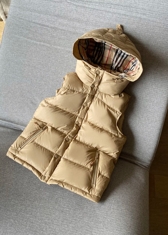 Khaki Duck Down Puffer Vest Hooded Zippered Sleeveless