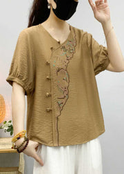 Khaki Embroidered Linen Blouse V Neck Short Sleeve