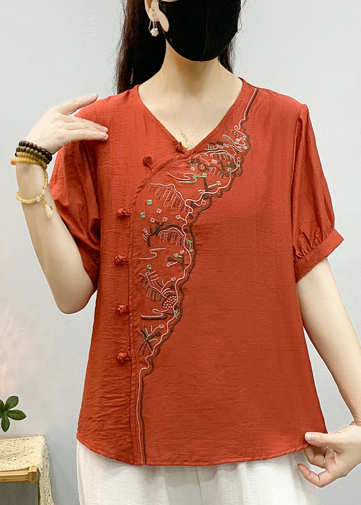 Khaki Embroidered Linen Blouse V Neck Short Sleeve
