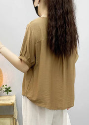 Khaki Embroidered Linen Blouse V Neck Short Sleeve