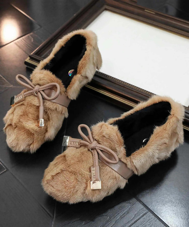 Khaki Fashion Mink Hair Splicing Penny Loafers Fuzzy Wool Lined