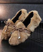 Khaki Fashion Mink Hair Splicing Penny Loafers Fuzzy Wool Lined