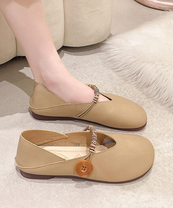 Khaki Flats Cowhide Leather Comfy Buckle Strap Flat Feet Shoes