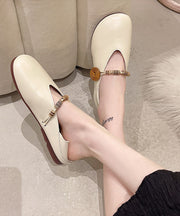 Khaki Flats Cowhide Leather Comfy Buckle Strap Flat Feet Shoes