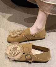 Khaki Floral Faux Leather Soft Splicing Flat Shoes For Women