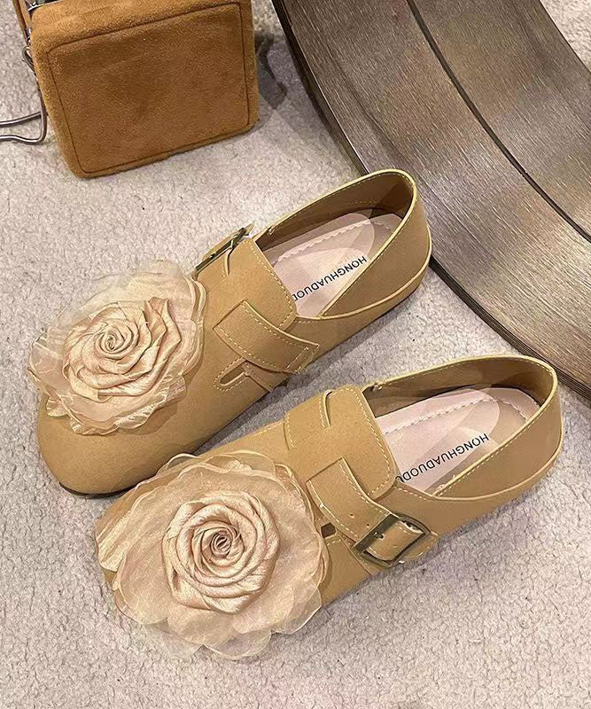 Khaki Floral Faux Leather Soft Splicing Flat Shoes For Women