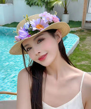 Khaki Flower Summer Beach Straw Woven Cloche Hat