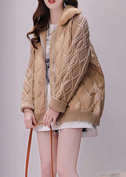 Khaki Fur Collar Zippered Knit Patchwork Parka Winter