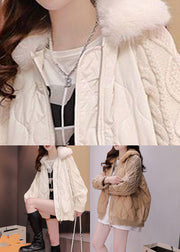 Khaki Fur Collar Zippered Knit Patchwork Parka Winter