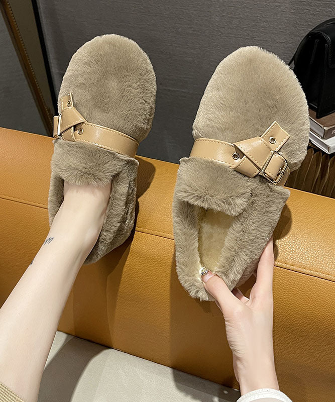 Khaki Fuzzy Fur Flat Shoes Soft Comfy Splicing Buckle Strap