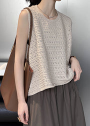 Khaki Hollow Out Cozy Loose Knit Vest O Neck Fall