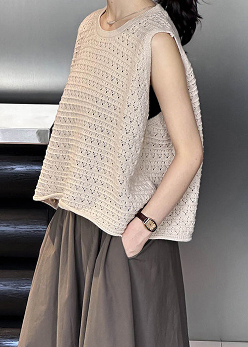 Khaki Hollow Out Cozy Loose Knit Vest O Neck Fall