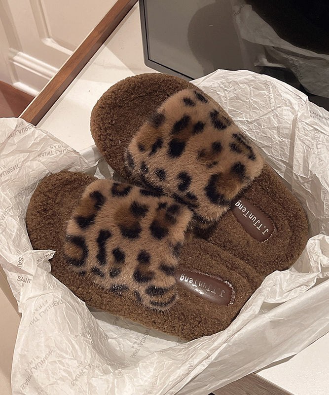 Khaki Leopard Faux Fur Slippers Shoes Splicing Platform