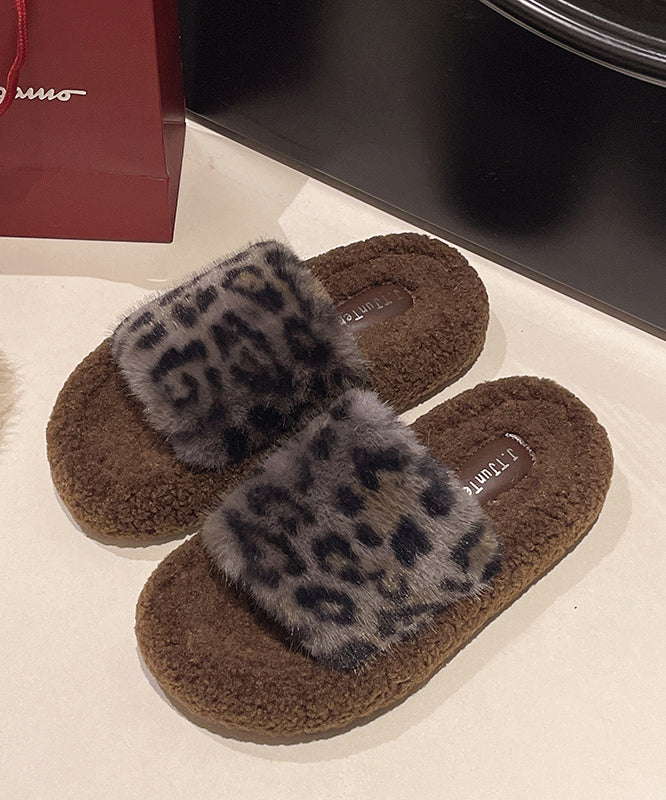 Khaki Leopard Faux Fur Slippers Shoes Splicing Platform