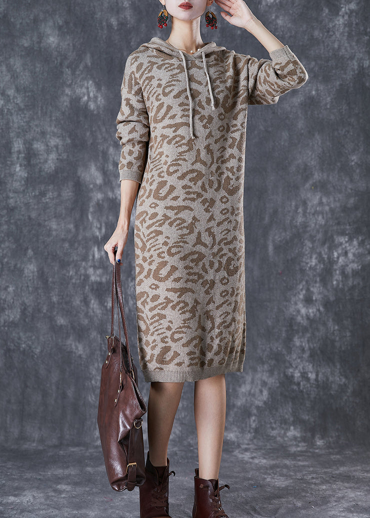 Khaki Leopard Print Knit Sweatshirt Dress Hooded Drawstring Fall