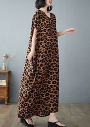 Khaki Leopard Print Linen Holiday Dress V Neck Summer