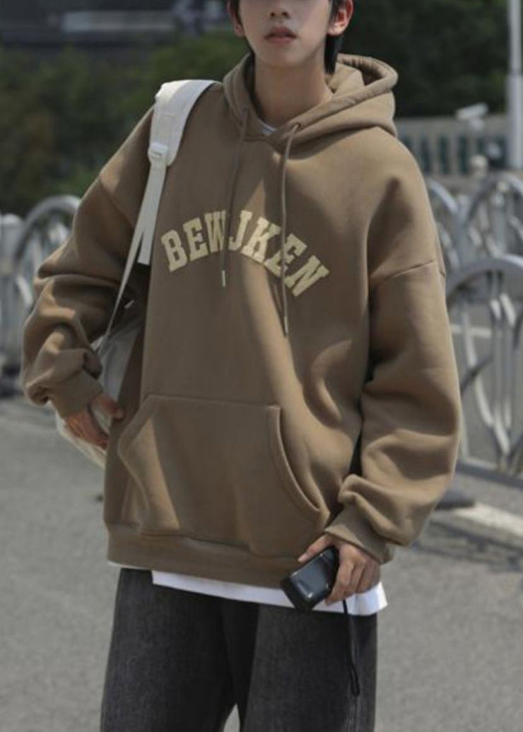 Khaki Letter Pockets Cotton Men Sweatshirts Hooded Spring